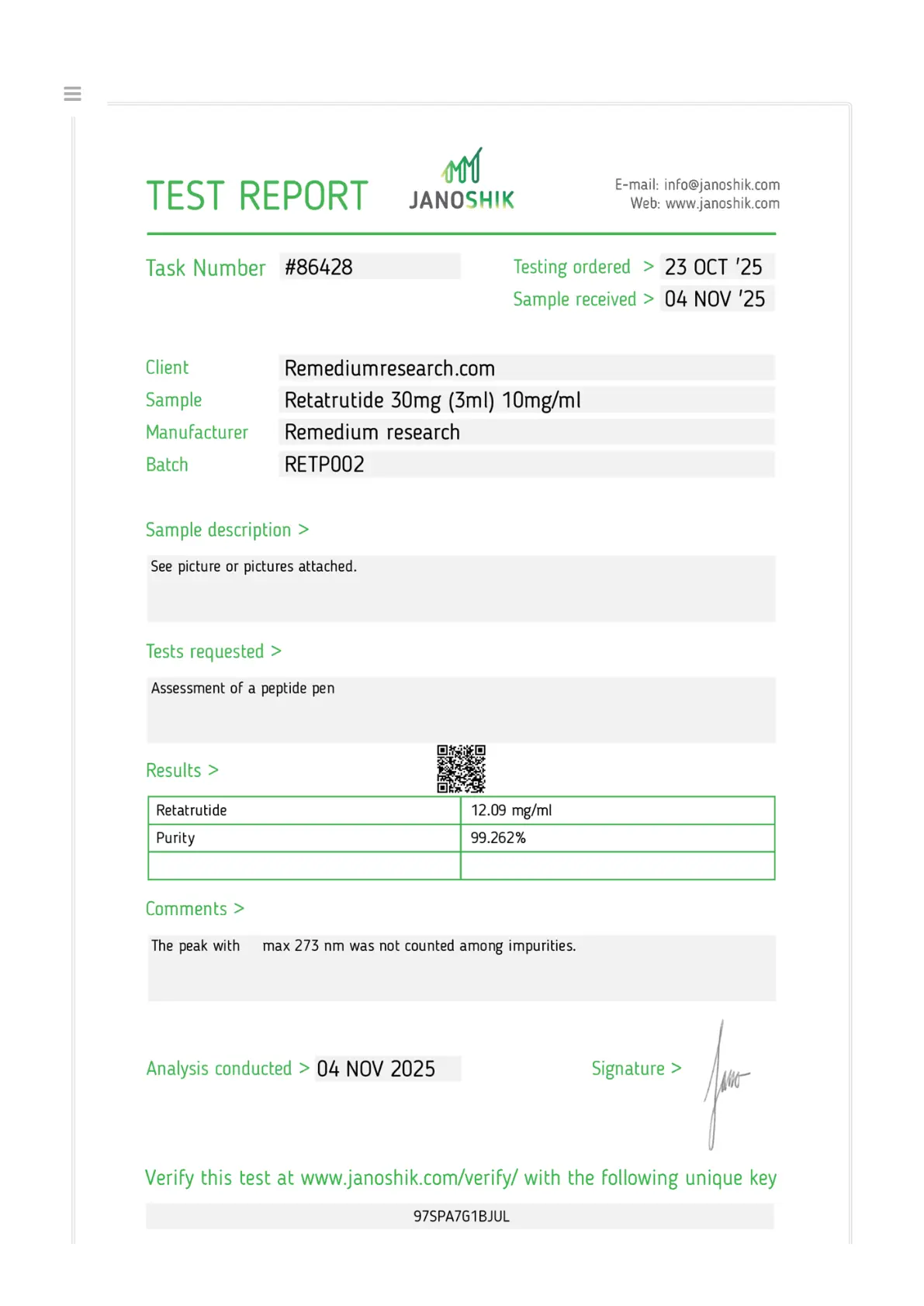 Certificate of Analysis — Janoshik Test Report for Retatrutide 30mg by Remedium Research