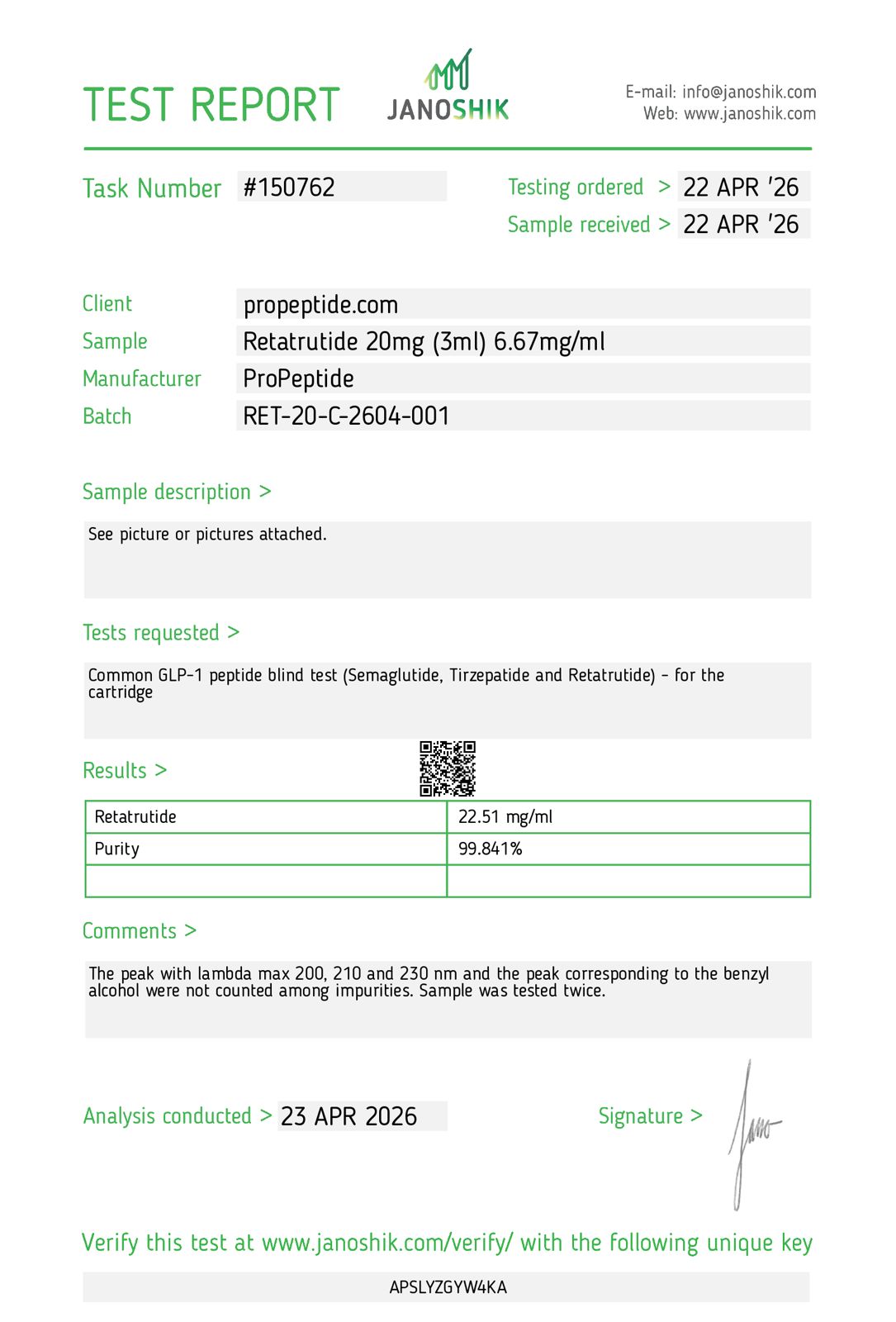 Janoshik purity report for Reta 20mg batch RET-20-C-2604-001