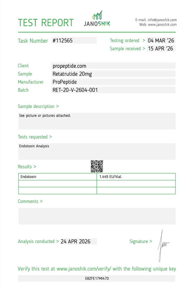 Janoshik endotoxin report for batch RET-20-V-2604-001