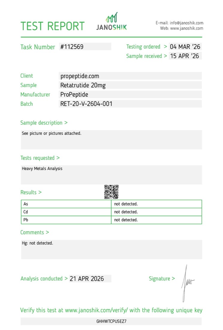 Janoshik heavy metals report for batch RET-20-V-2604-001