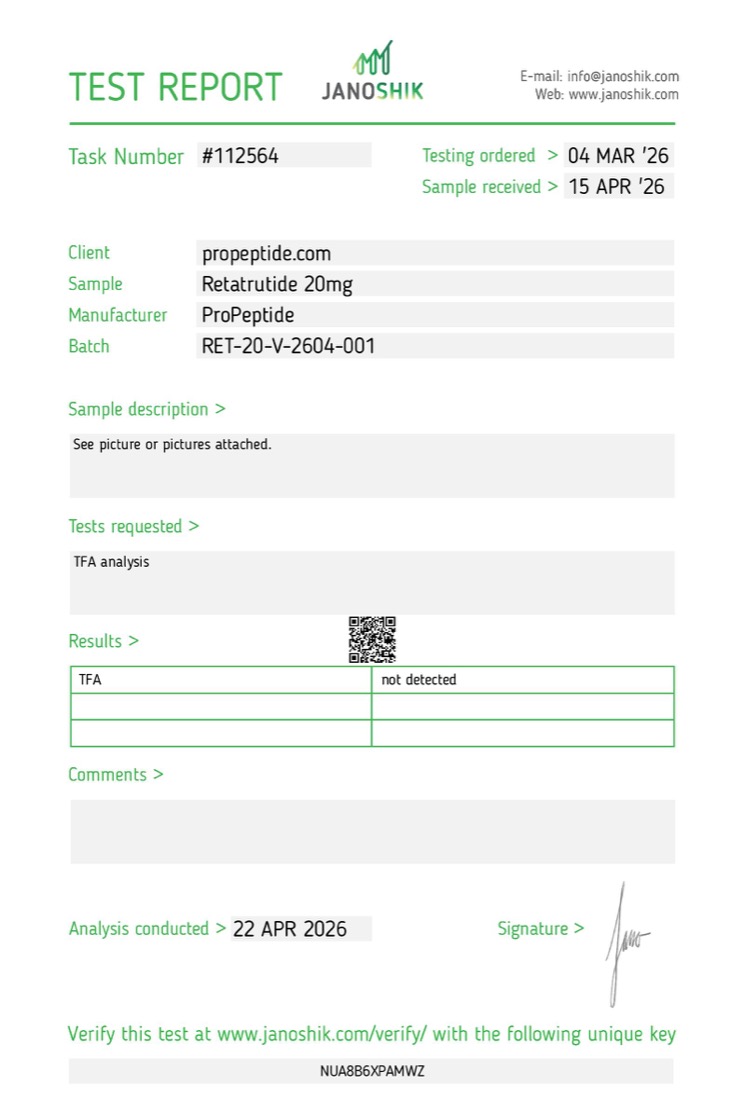 Janoshik TFA report for batch RET-20-V-2604-001