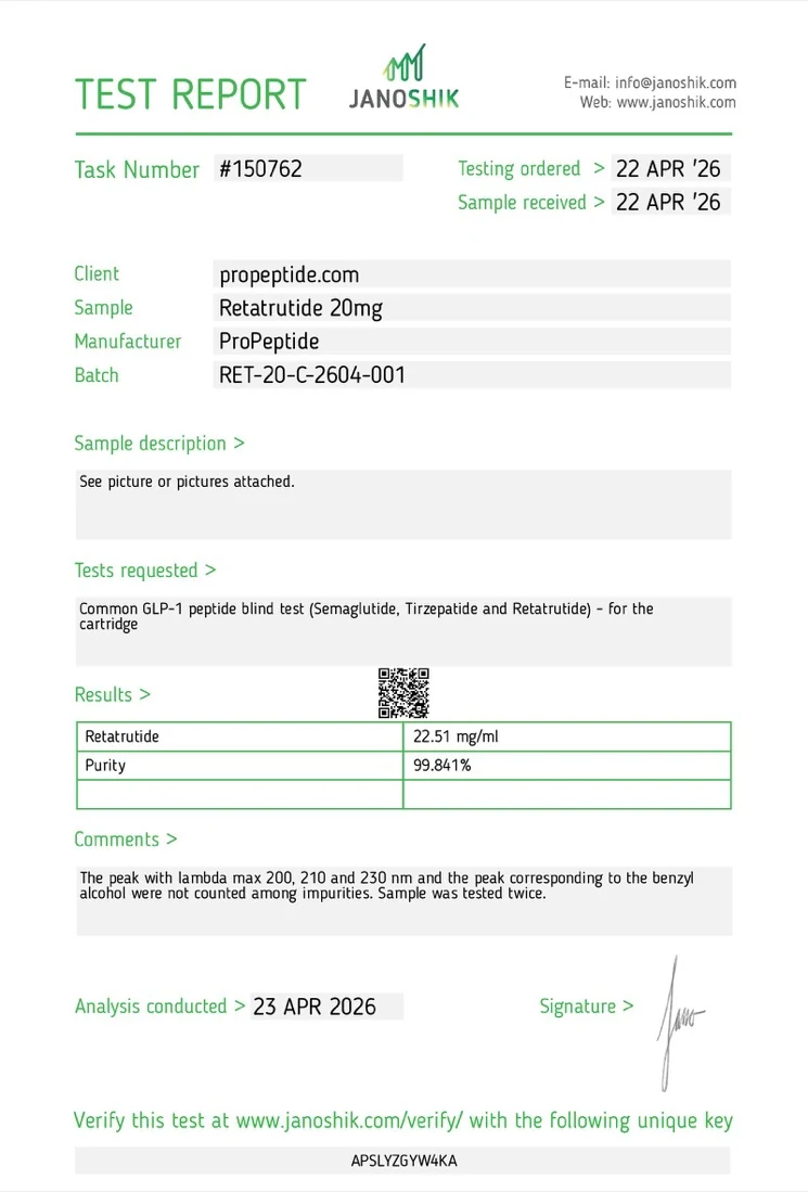 Janoshik Analytical HPLC report for batch RET-20-C-2604-001 at 99.841% purity