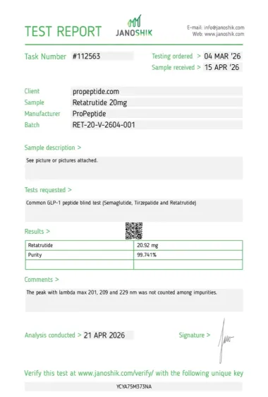 Janoshik Certificate of Analysis — Retatrutide 40mg Pen (batch RET-20-V-2604-001), 99.741% HPLC purity