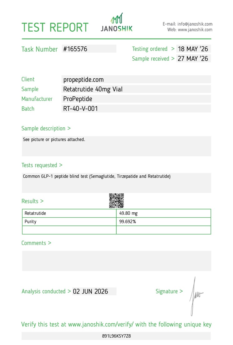 Janoshik purity and assay report for batch RT-40-V-001