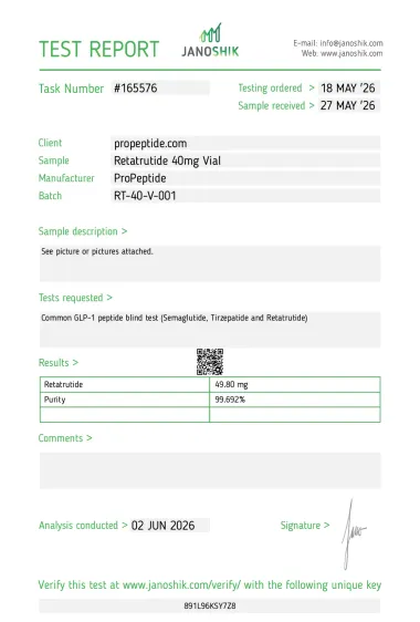 Janoshik Certificate of Analysis — Retatrutide 40mg Vial, batch RT-40-V-001, 99.692% HPLC purity with full sterility panel