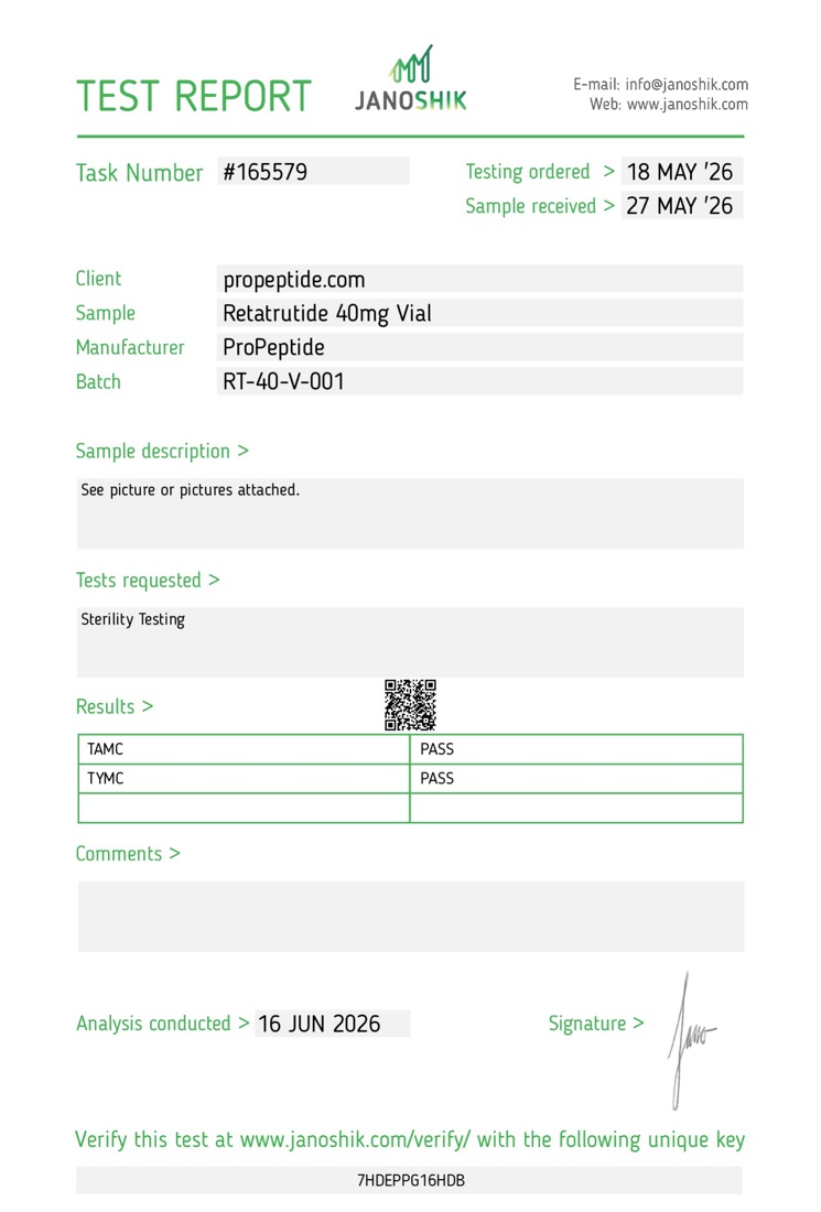 Janoshik sterility report (TAMC and TYMC) for batch RT-40-V-001