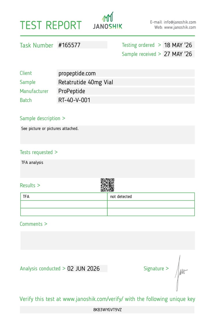 Janoshik TFA report for batch RT-40-V-001
