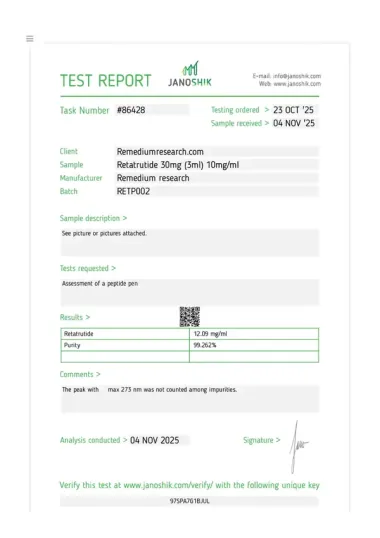 Janoshik Certificate of Analysis — Remedium Retatrutide 30mg Pen, batch RETP002, 99.262% HPLC purity
