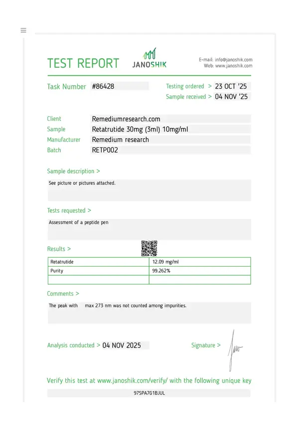 Janoshik Certificate of Analysis — Remedium Retatrutide 30mg Pen, batch RETP002, 99.262% HPLC purity